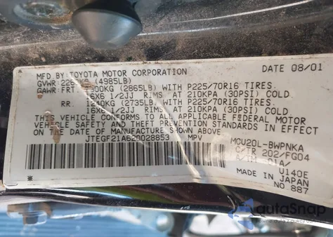 2002 Toyota Highlander V6 z USA, uszkodzony, nr VIN JTEGF21A620028853